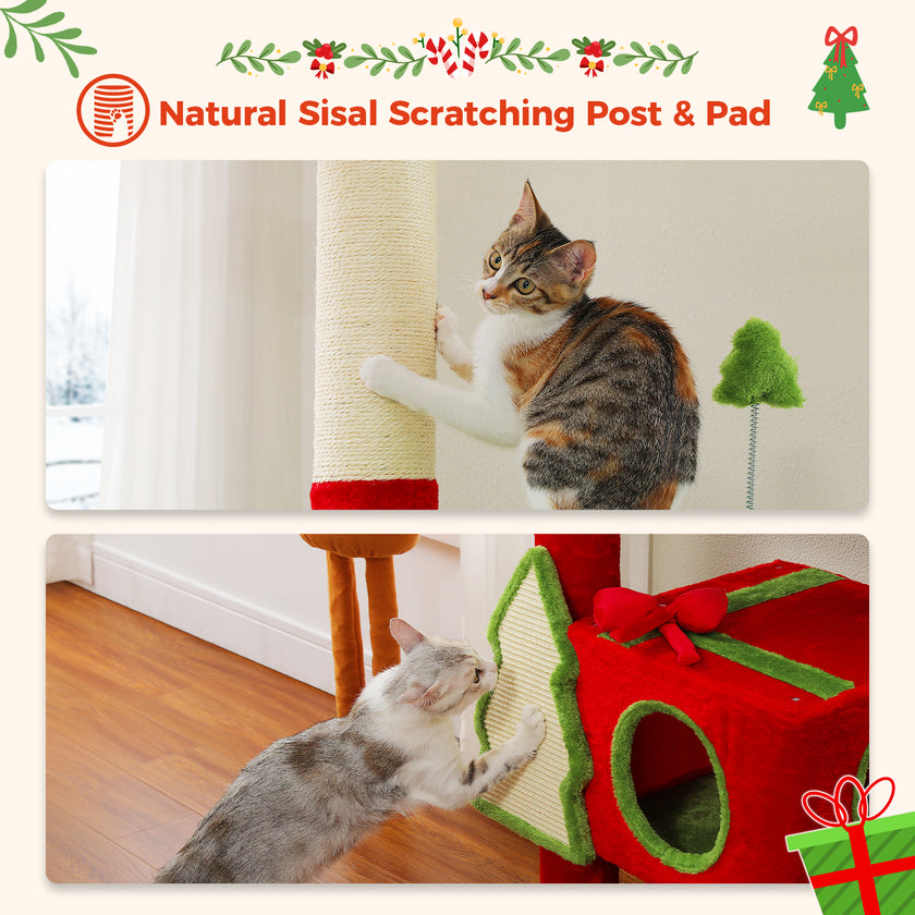 Cat using the natural sisal scratching post and Christmas tree-shaped scratching pad on a festive cat tower