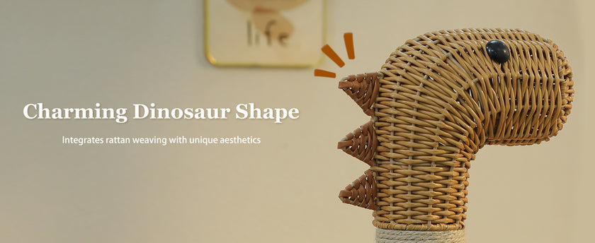 Woven dinosaur-shaped toy with rattan weaving on a beige background