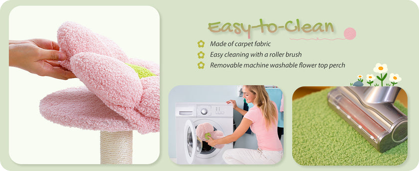 Product advertisement for a pink cleaning tool with washing machine and flower top perch images.