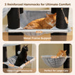 Three reinforced grey hammocks on a black cat tree, including a large metal-supported hammock for a resting cat