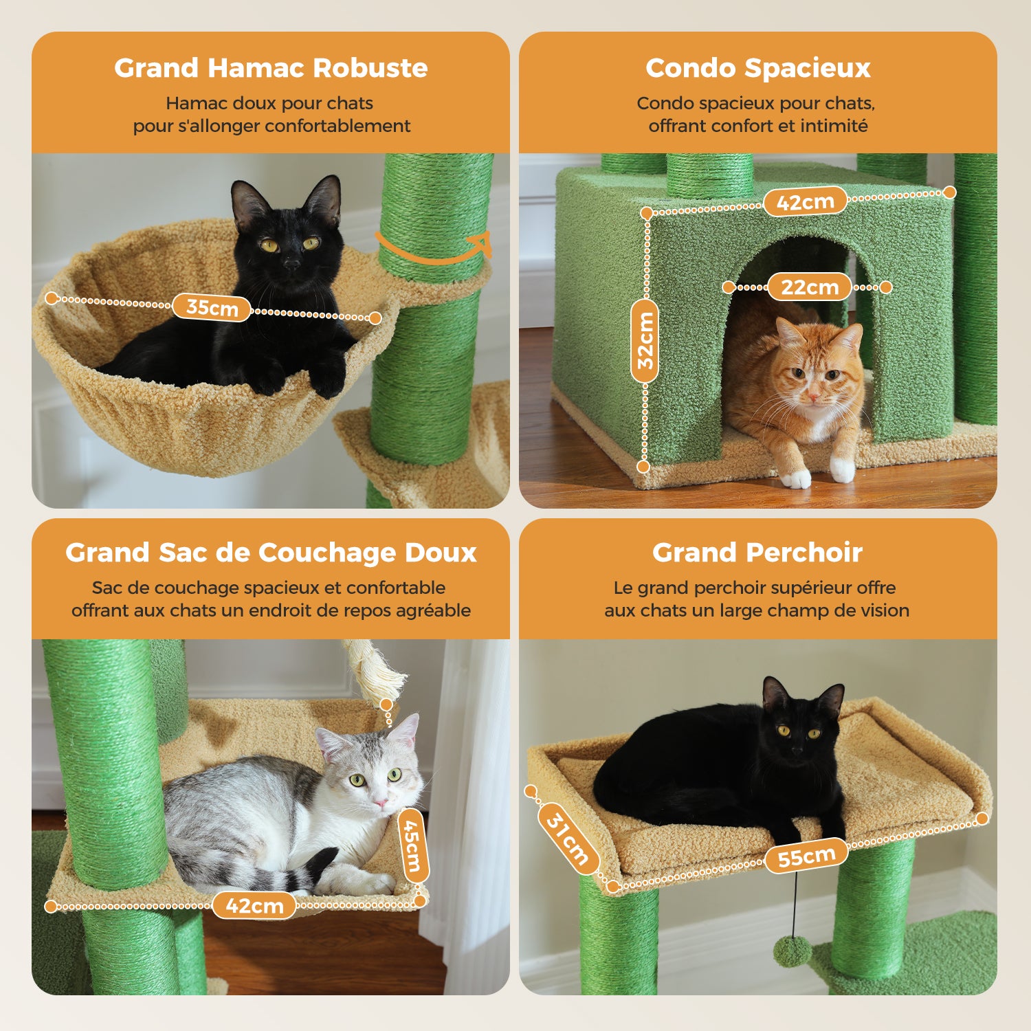 Tall Green Cat Tree Tower with Thick Sisal Posts & Multiple Hammocks – Modern Cat Furniture Canada | Catopia Co.