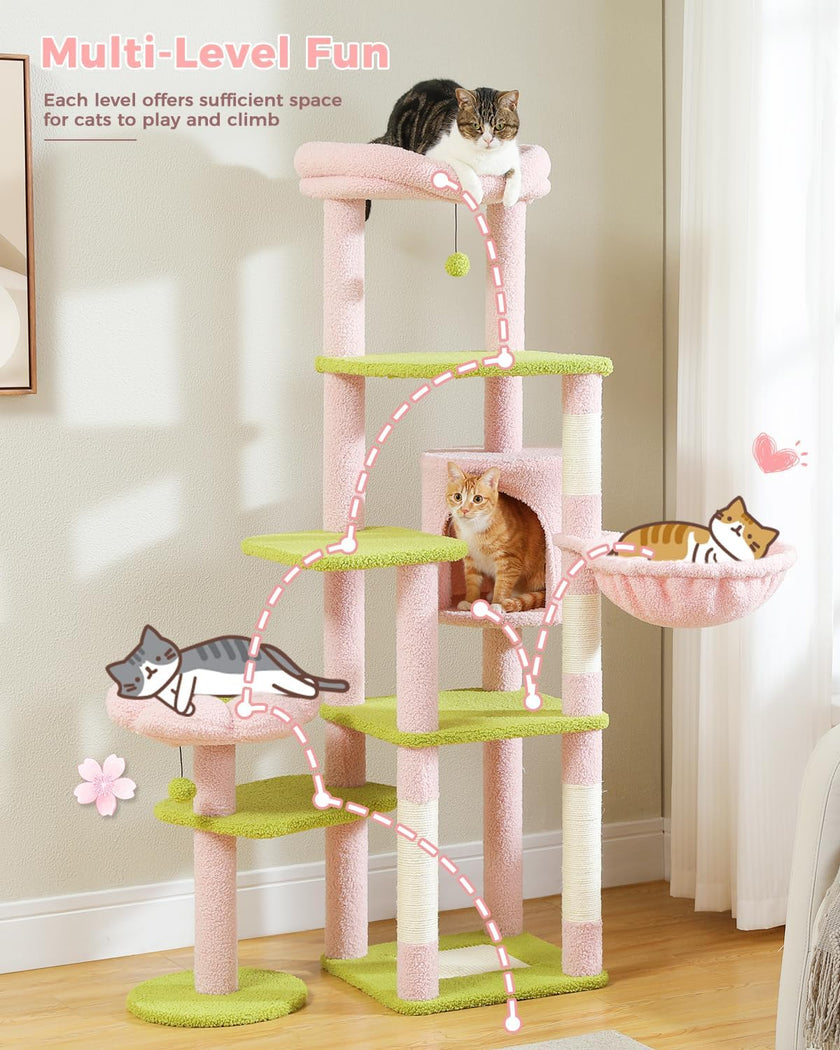 Cat tree with multiple levels and platforms for cats to play and climb, with text indicating multi-level fun.