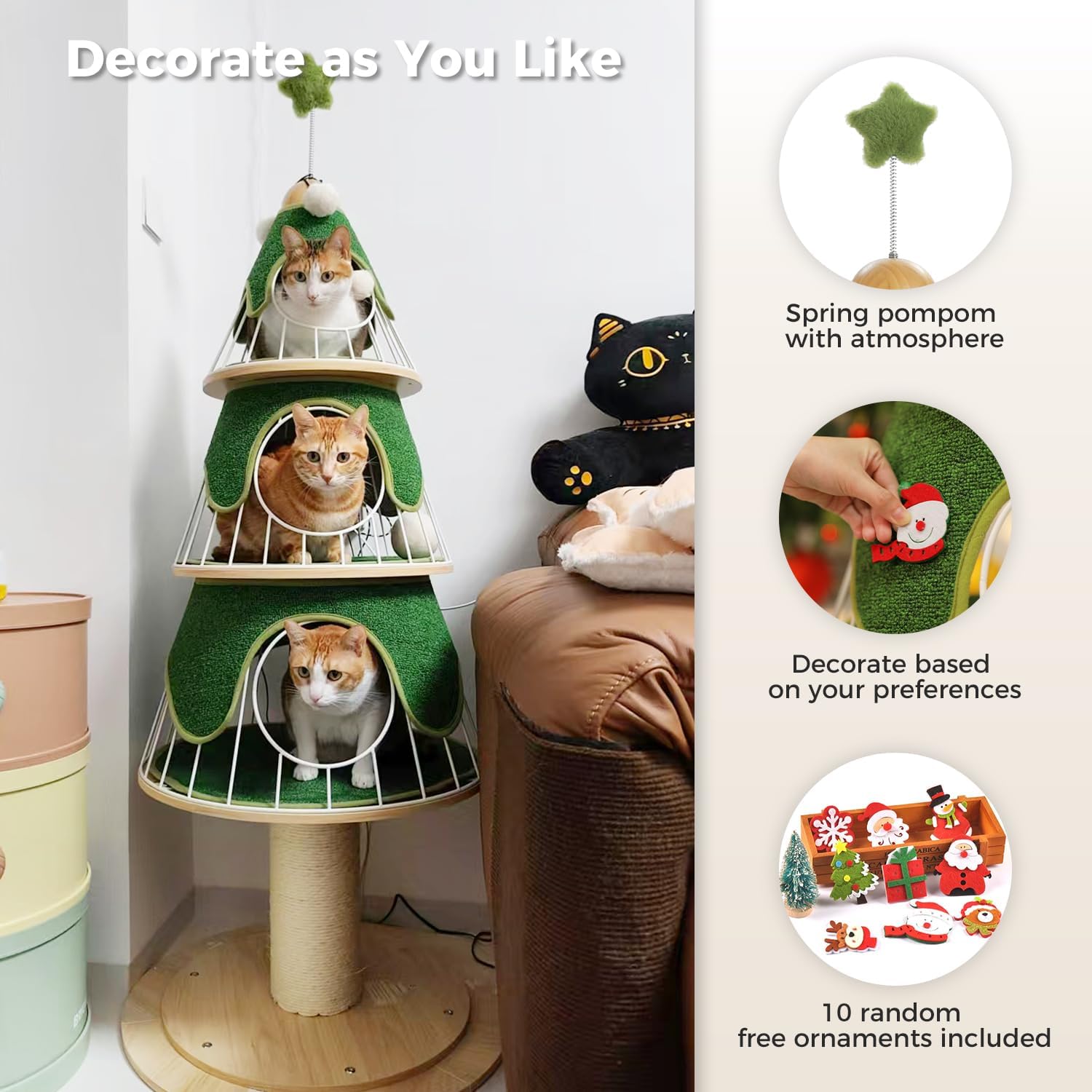 Cat tree with decorative elements and free ornaments included, suitable for pets. Green Christmas themed holiday cat tree with star pompom on top by Catopia Co. Canada