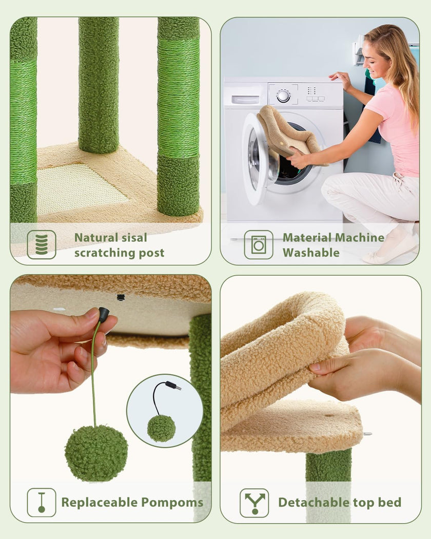 Collage of a cat scratching post with features highlighted, including natural sisal scratching post, machine washable material, replaceable pom-poms, and detachable top bed.