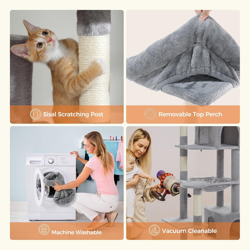 Collage of a cat using a scratching post, a woman washing a blanket, and a vacuum cleaning a cat tree, with text labels on each section.