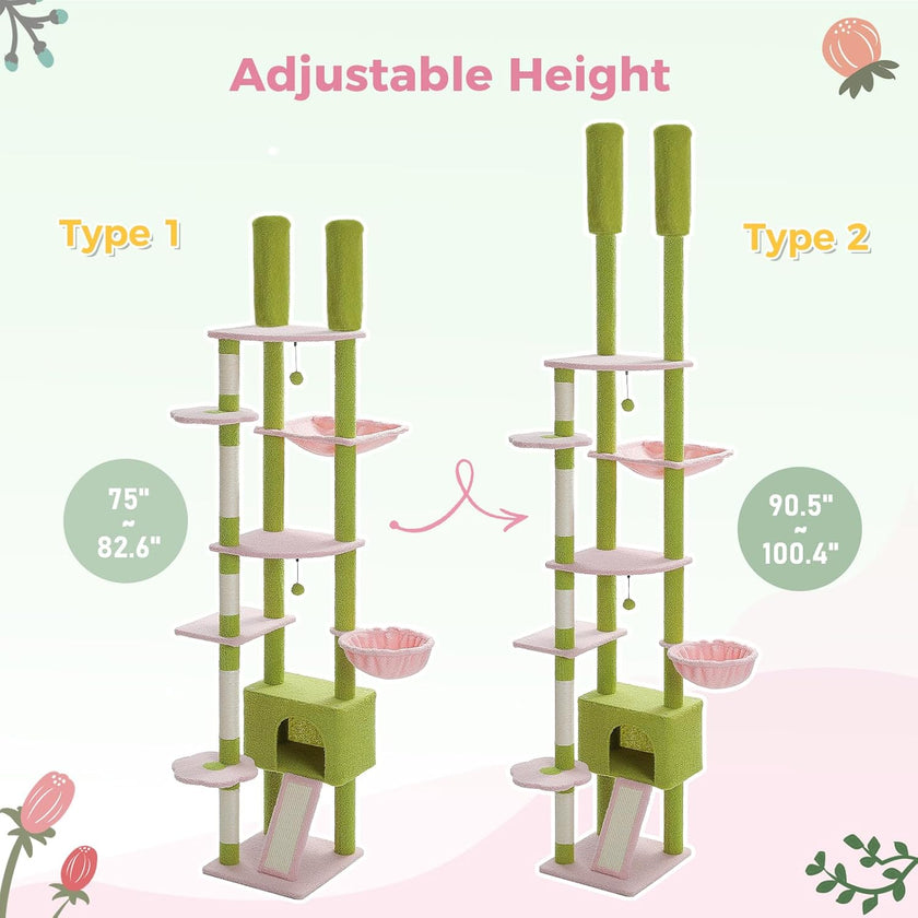 Two adjustable height cat trees with measurements on a light pink background