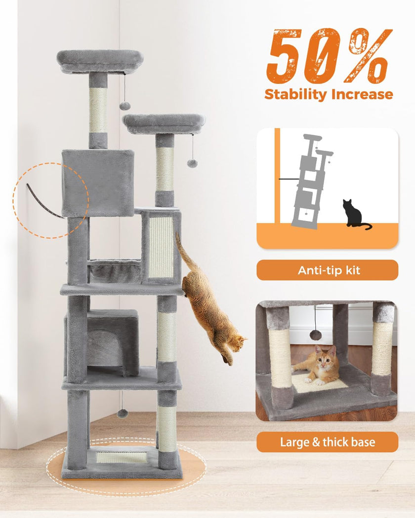 Cat tree with stability increase features and a cat climbing on it.