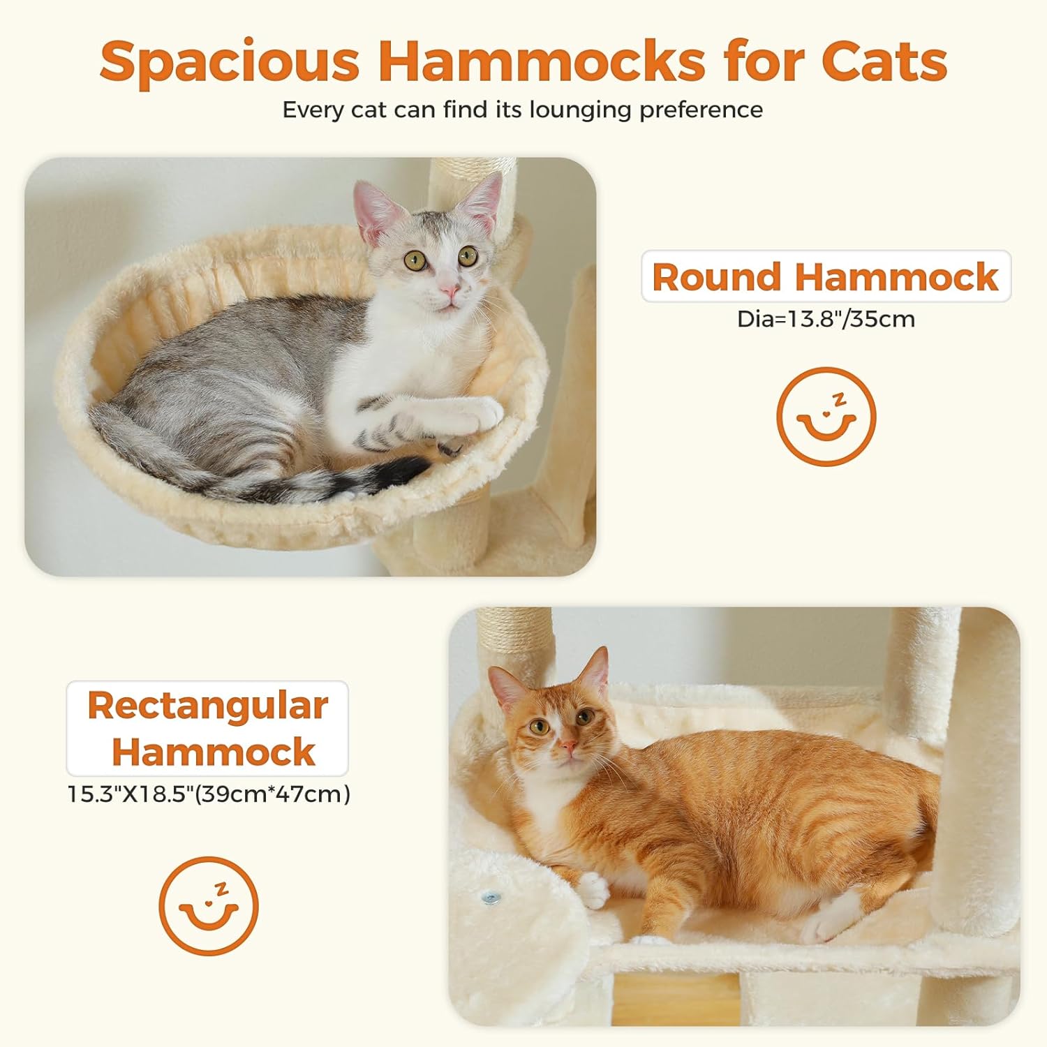 Spacious hammocks on Catopia Co. contemporary cat tree — includes a round 35cm hammock and a 47cm rectangular lounger. Cute cat furniture from a Canadian local business, ships only within Canada.