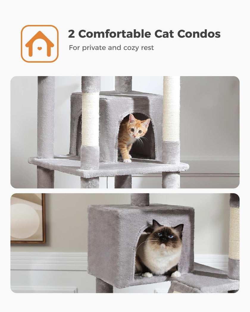 Cat condo with two cats inside, labeled '2 Comfortable Cat Condos' for private and cozy rest.