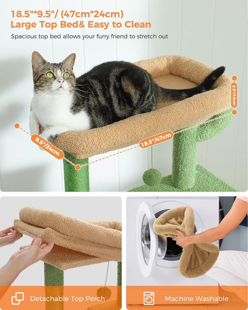 Cat using a cat tree with a detachable top perch and machine washable feature.