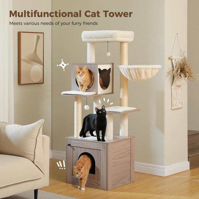 Functional and elegant cat tree from Catopia Co., featuring a sleek wood-patterned base, sisal-wrapped posts, and soft platforms—ideal for playful multi-cat households in Canada.