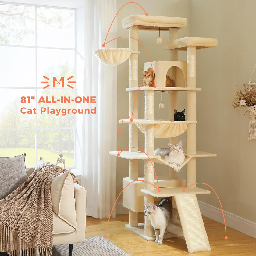 Cat tree with multiple levels and toys in a room with a window and chair.