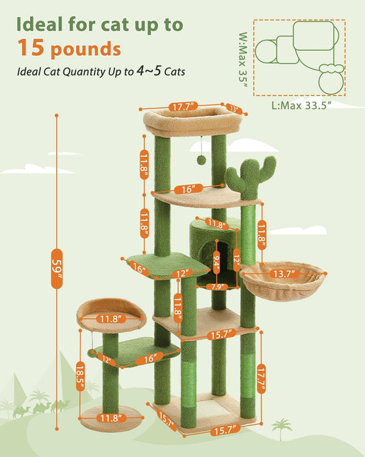 Catopia Co. Canada Cat tree with dimensions and text indicating ideal use for cats up to 15 pounds.