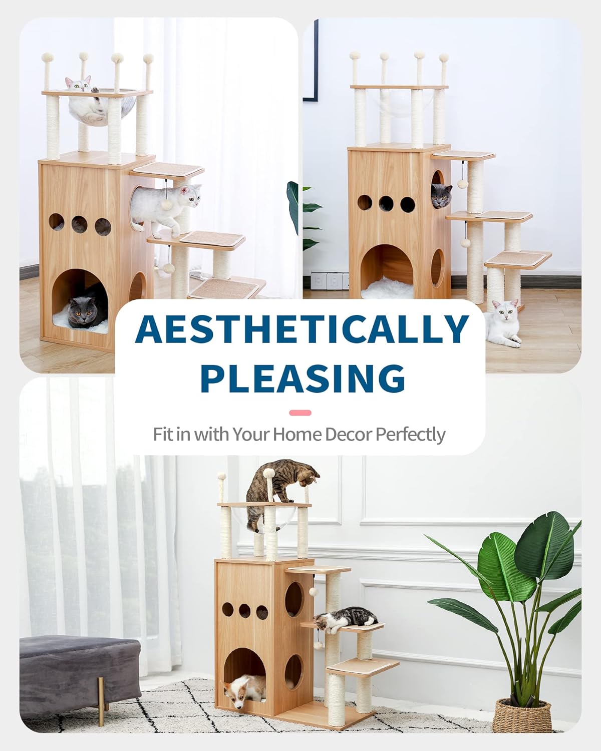 Wooden cat tree with multiple cats on a white background, text 'Aesthetically Pleasing' displayed.