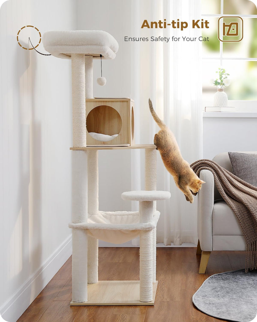 Cat tree with anti-tip kit feature in a home setting
