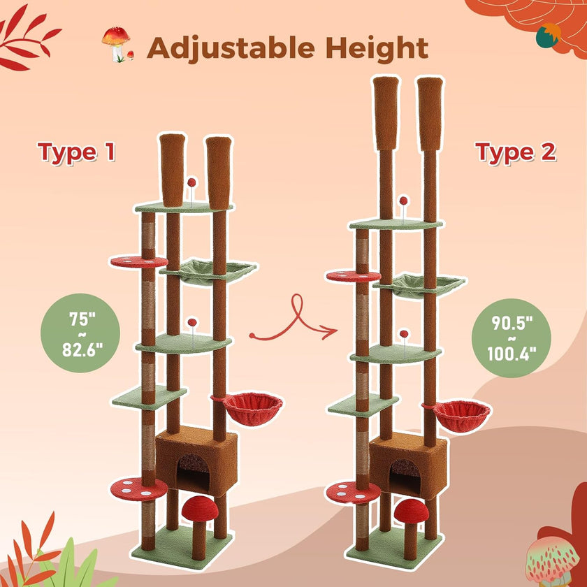 Floor to Ceiling cat tree. Two adjustable height cat tree models with measurements on a pink background