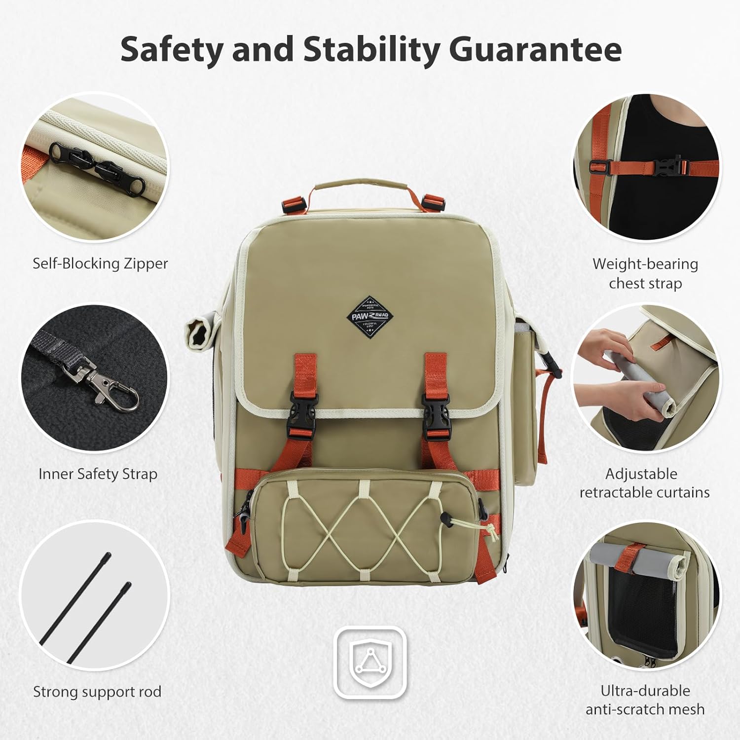 Catopia Co. Canada Beige backpack with safety features highlighted on a white background