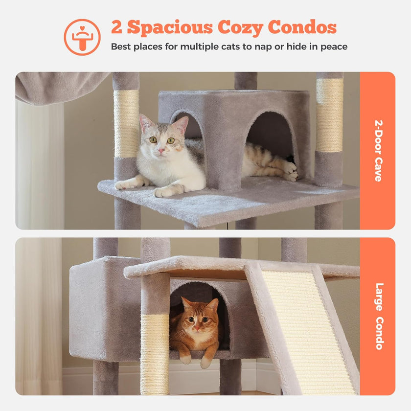 Cat tree with two spacious cozy condos for cats to rest and hide, featuring text '2 Spacious Cozy Condos'.