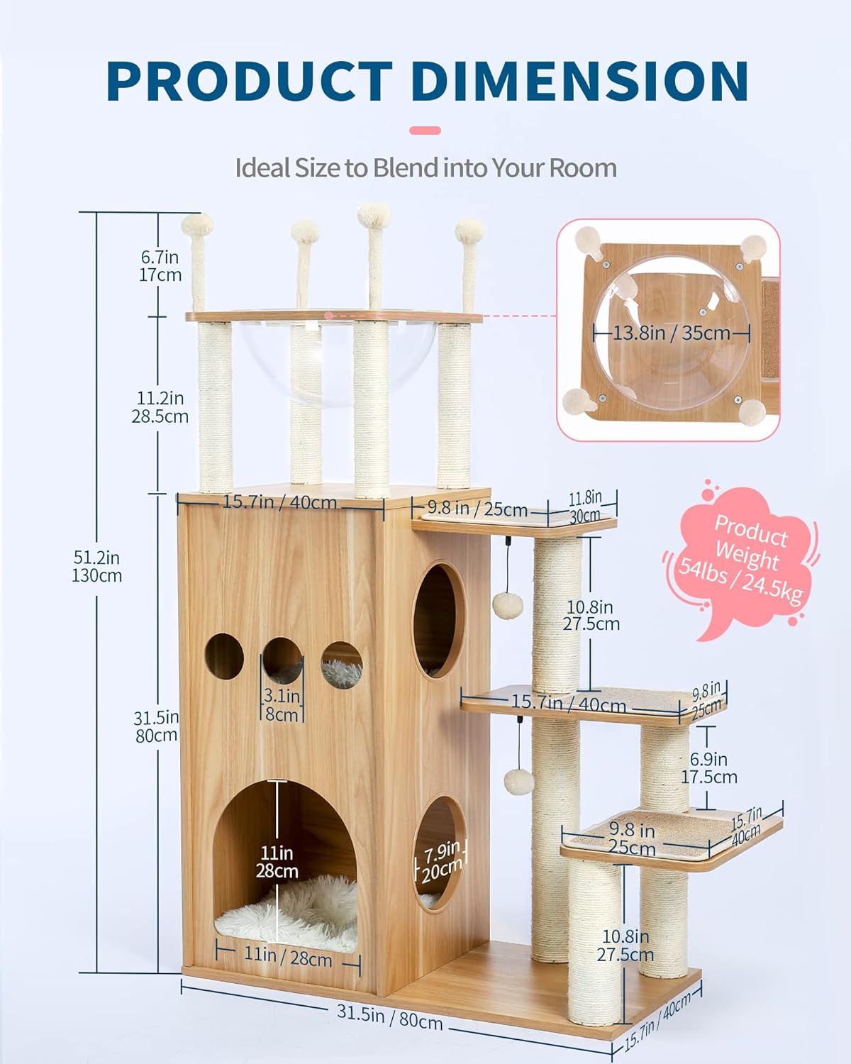 Wooden cat tree with dimensions and product weight displayed