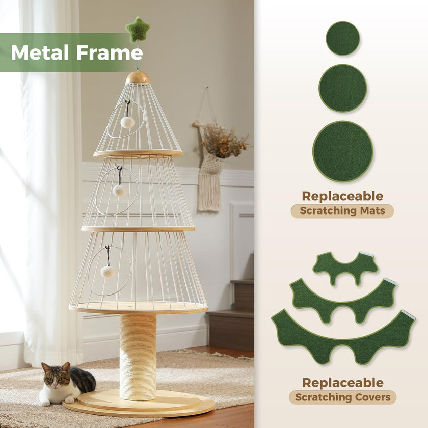 Cat tree with metal frame and replaceable scratching mats in a room setting.