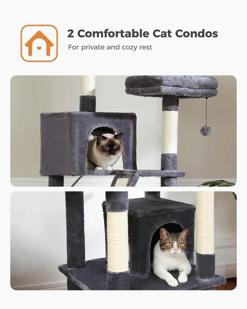 Cat tree with two comfortable cat condos for private and cozy rest, featuring two cats inside.