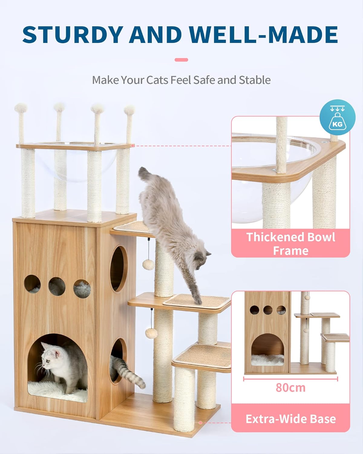 Cat tree with multiple levels, scratching posts, and a thickened bowl frame on a white background.