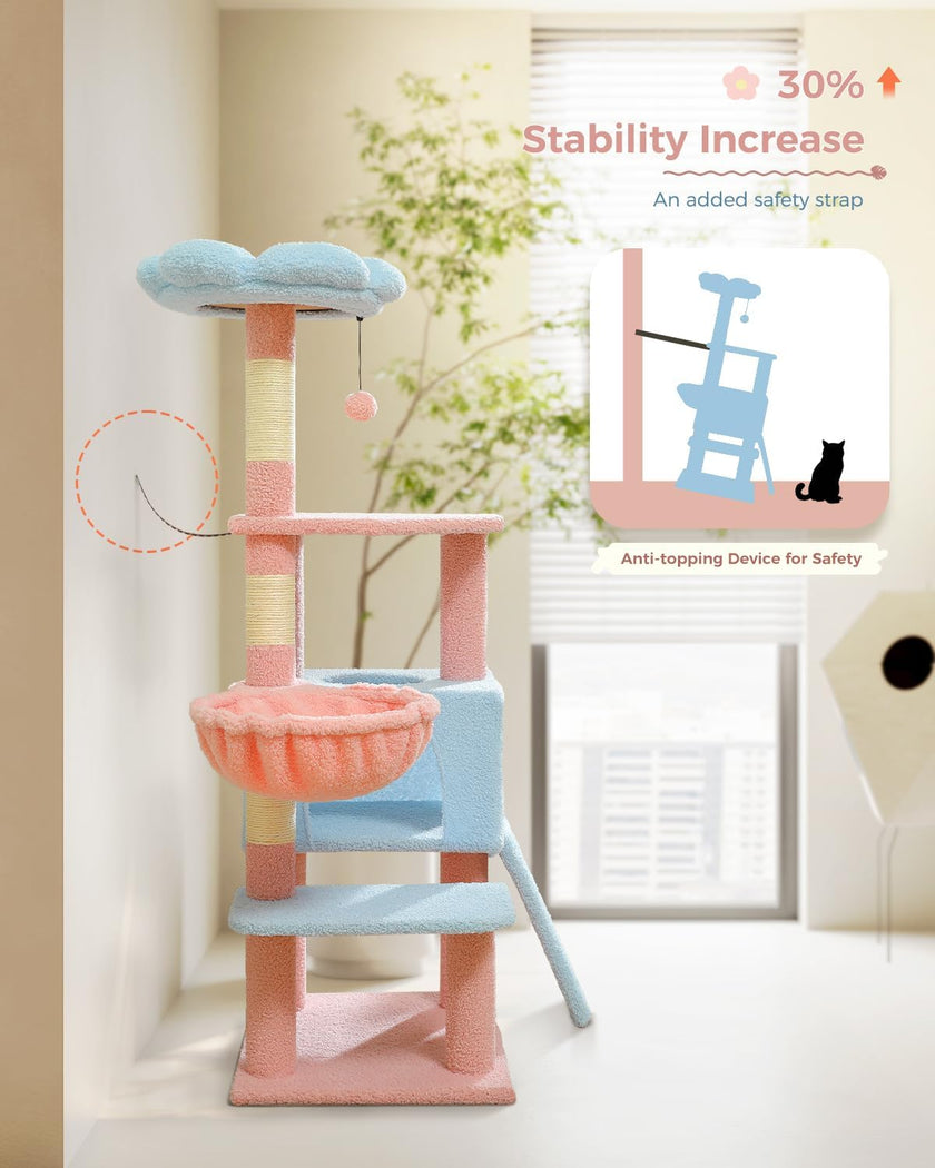 Pink and blue cat tree with stability feature in a room setting