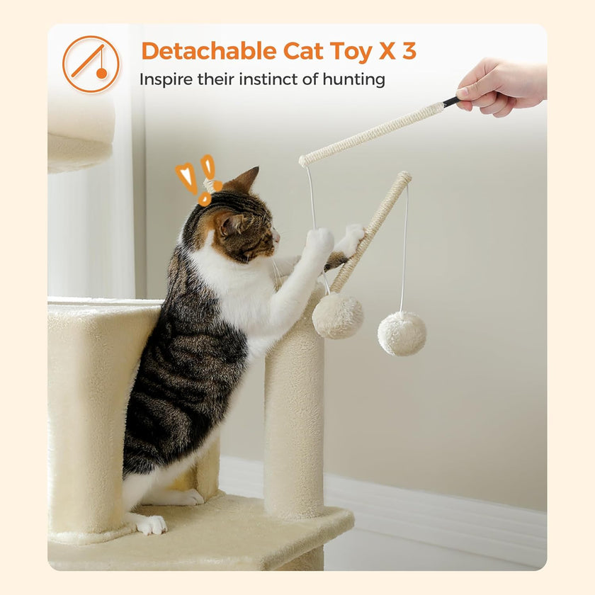 Cat playing with a detachable cat toy on a scratching post