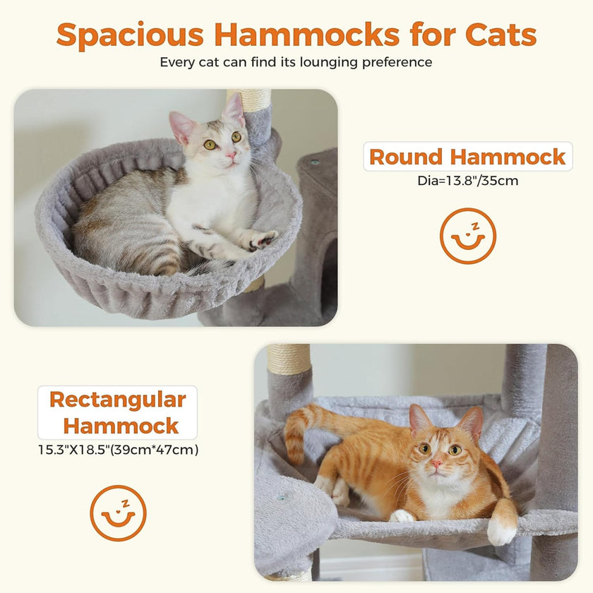 Two cats in round and rectangular cat hammocks with product details on a white background.