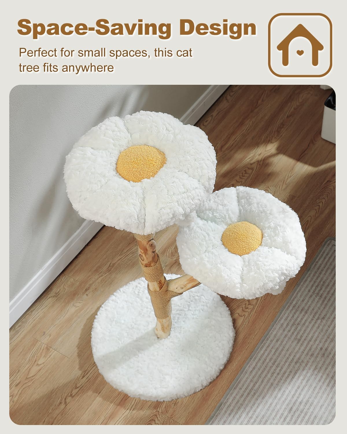 Catopia Co. compact flower-shaped wooden cat tree with soft plush platforms, ideal for small spaces and apartments in Canada

