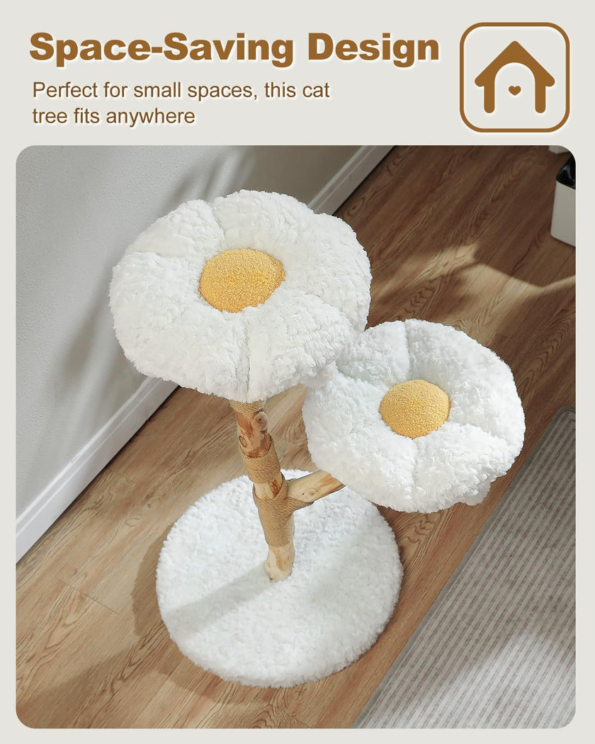 Cat tree with white cushioned levels on a wooden floor
