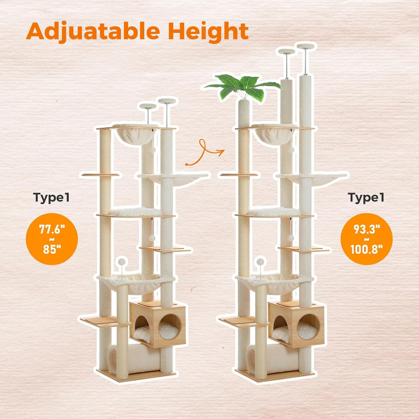 Two adjustable height cat trees with measurements on a light wood background