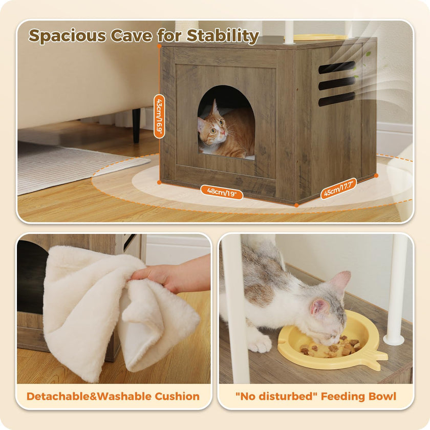 Wooden pet house with cat inside, detachable cushion, and feeding bowl on a beige background