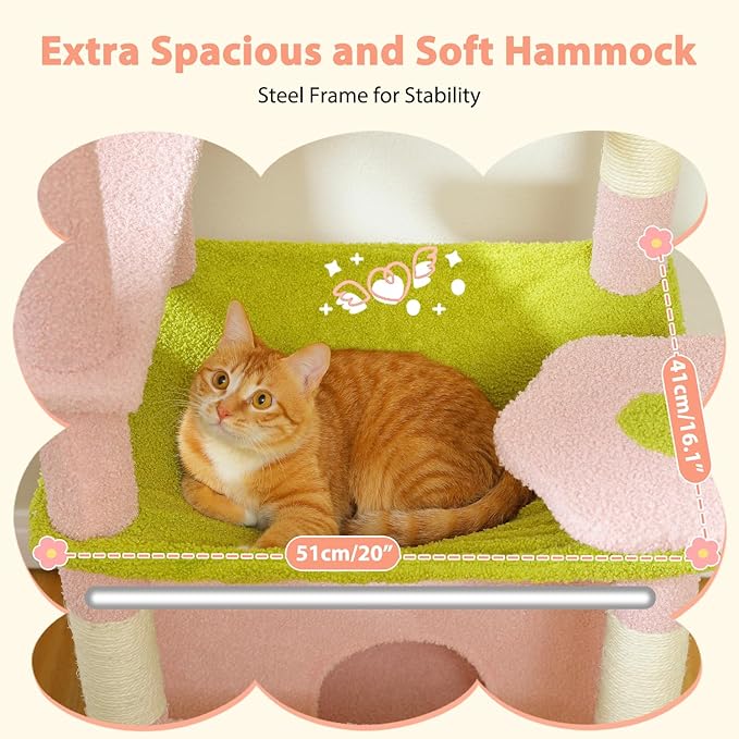 Cat lying on a green hammock with pink sides, text indicating spaciousness and stability.
