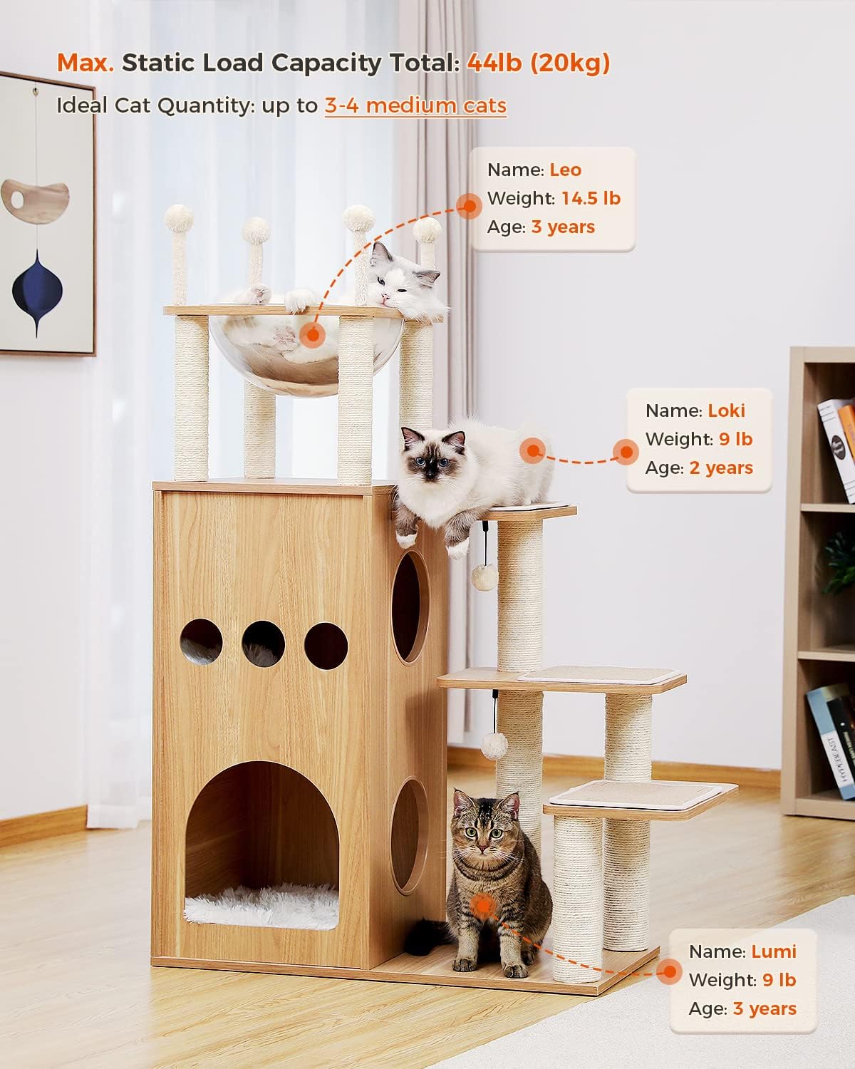 Wooden cat tree with cats on a light-colored floor and wall. Catopia Co. 