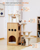 Wooden cat tree with cats on a light-colored floor and wall. Catopia Co. 