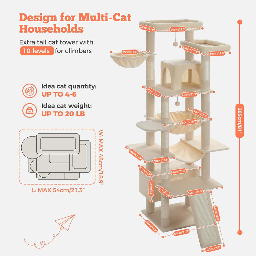 Cat tree with multiple levels and dimensions on a white background