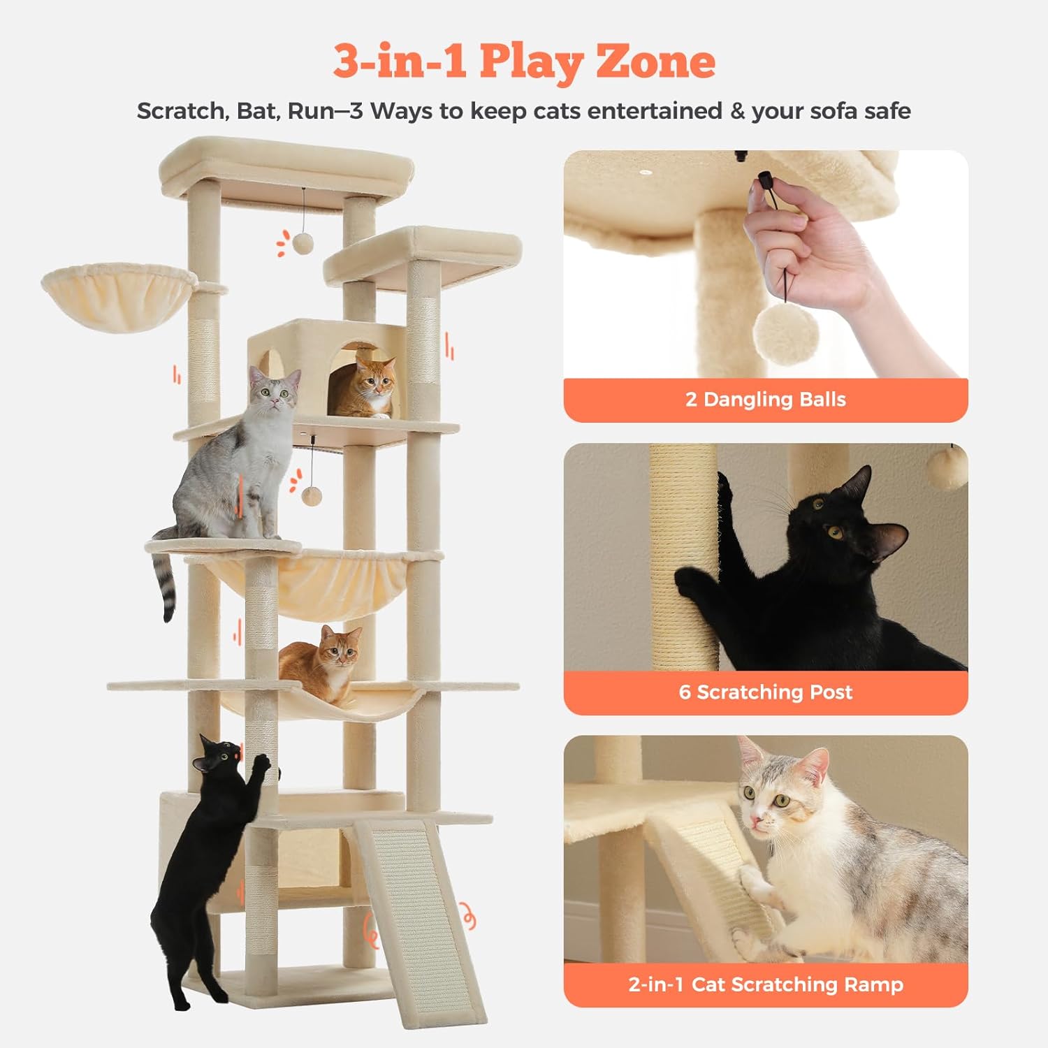 Modern 3-in-1 beige cat tree from Catopia Co. featuring dual dangling balls, sisal scratching posts, and a 2-in-1 ramp, designed exclusively for playful cats in Canadian homes.