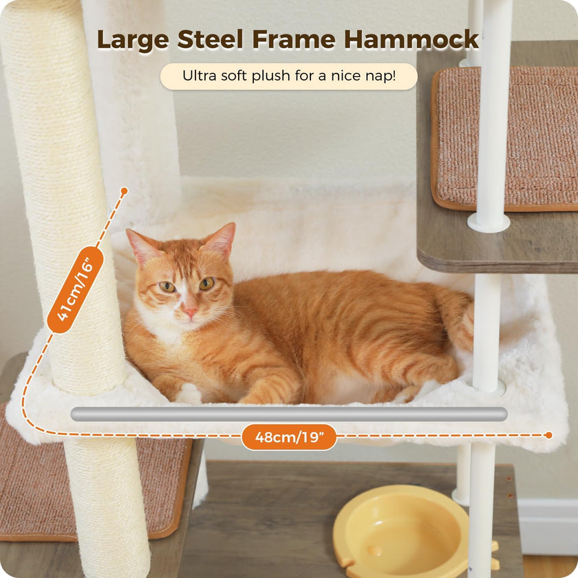 Cat lying on a large steel frame hammock with measurements indicated.