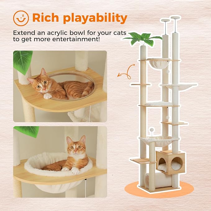 Cat tree with perches and a bowl for cats, featuring text about rich playability.