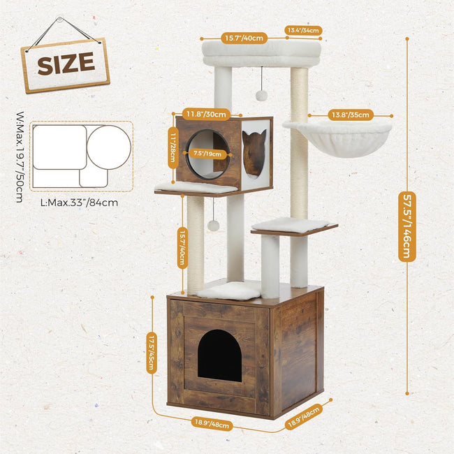 Dimensions overview of Catopia Co.’s rustic-modern cat tower—standing 146cm tall with multiple levels, perfect for medium to large cats across Canada.