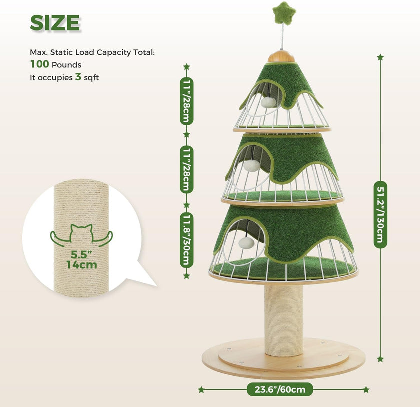 Green cat tree with dimensions and capacity details on a white background