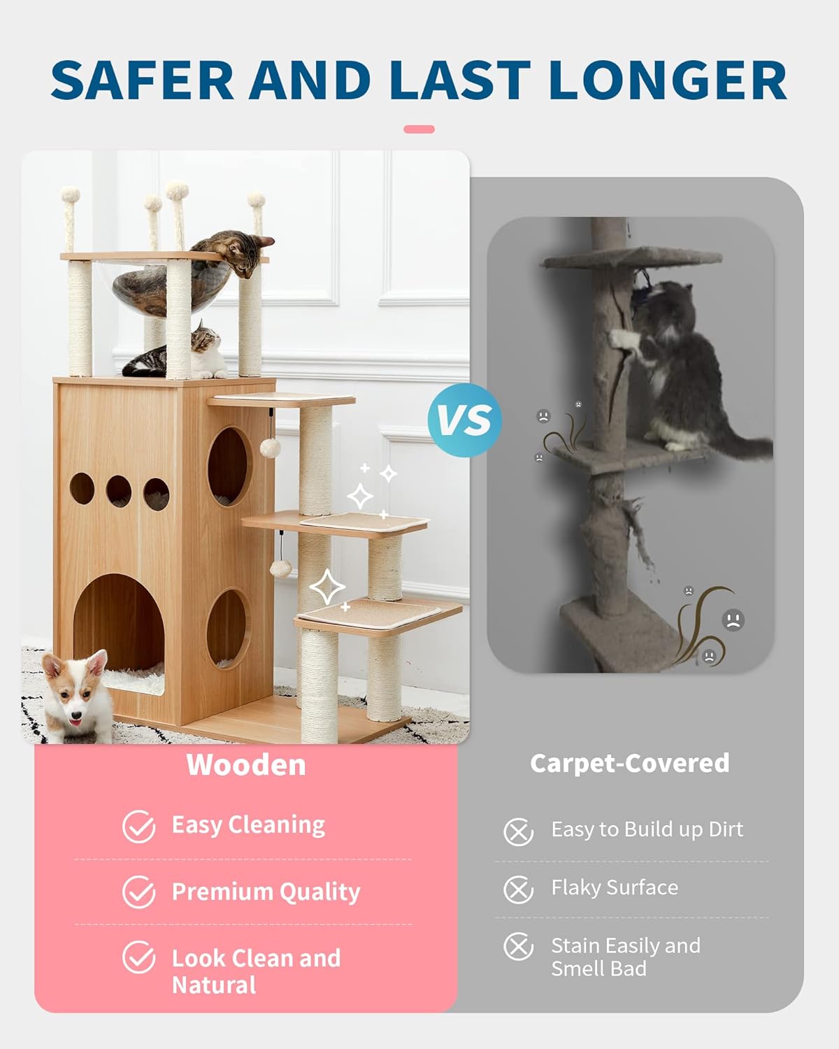 Catopia Co. Comparison of wooden and carpet-covered cat trees with text highlighting benefits.