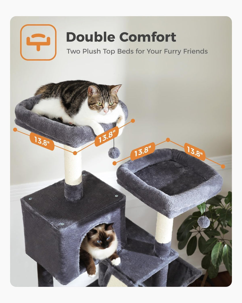 Cat tree with plush top beds for cats, labeled 'Double Comfort' on a neutral background.