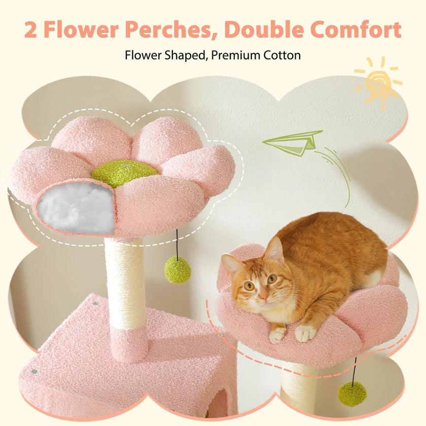 Pink flower-shaped cat perch with a cat sitting on it, labeled '2 Flower Perches, Double Comfort'.