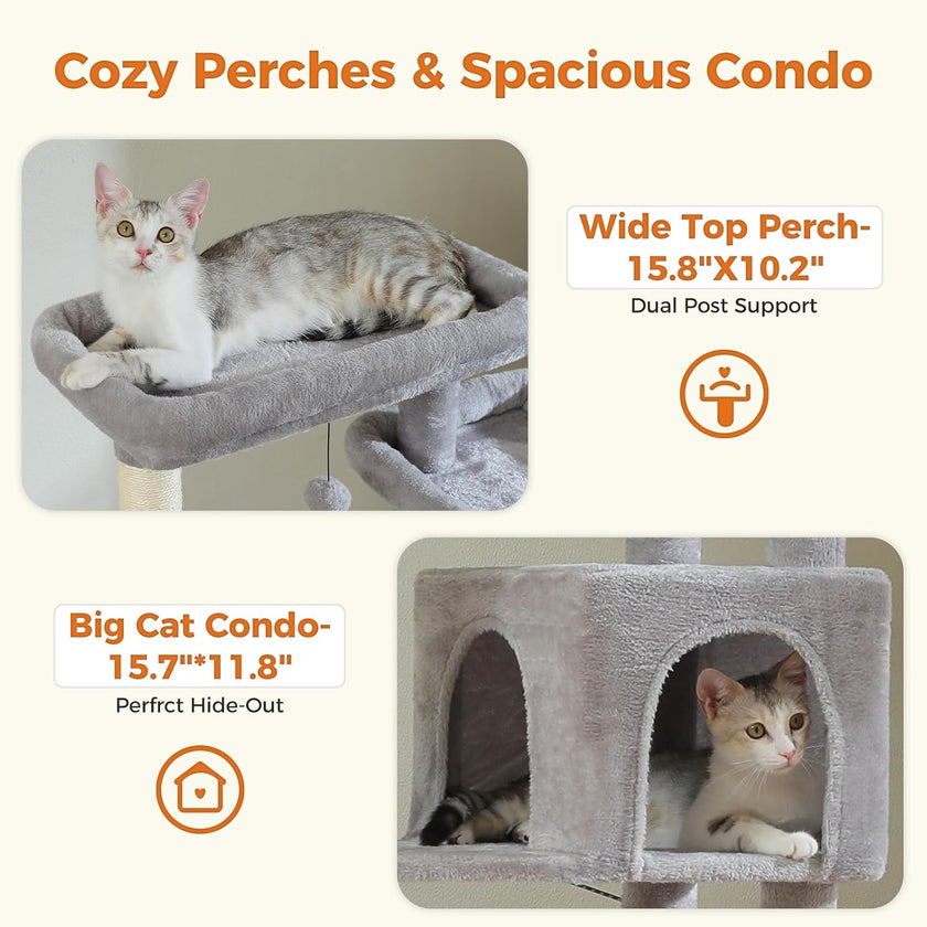 Cat lounging on a wide top perch and inside a big cat condo with text describing dimensions and features.