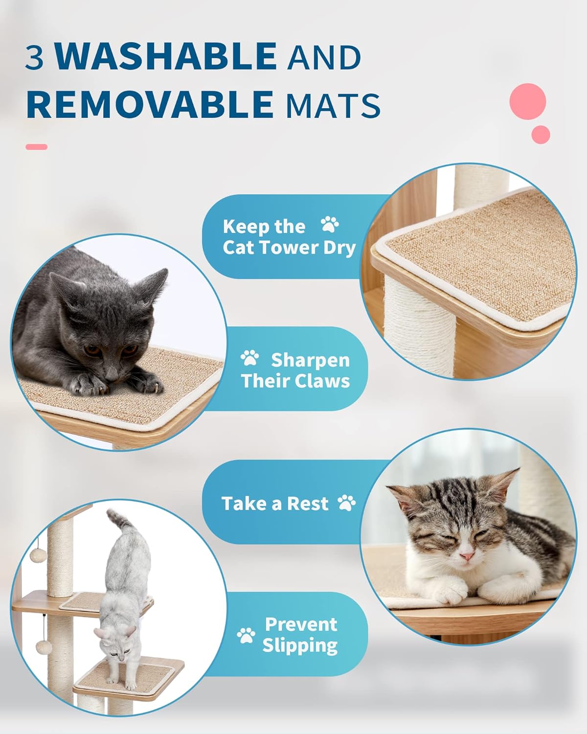 Cat tower with washable and removable mats, showing benefits like keeping the cat tower dry, sharpening claws, taking a rest, and preventing slipping.