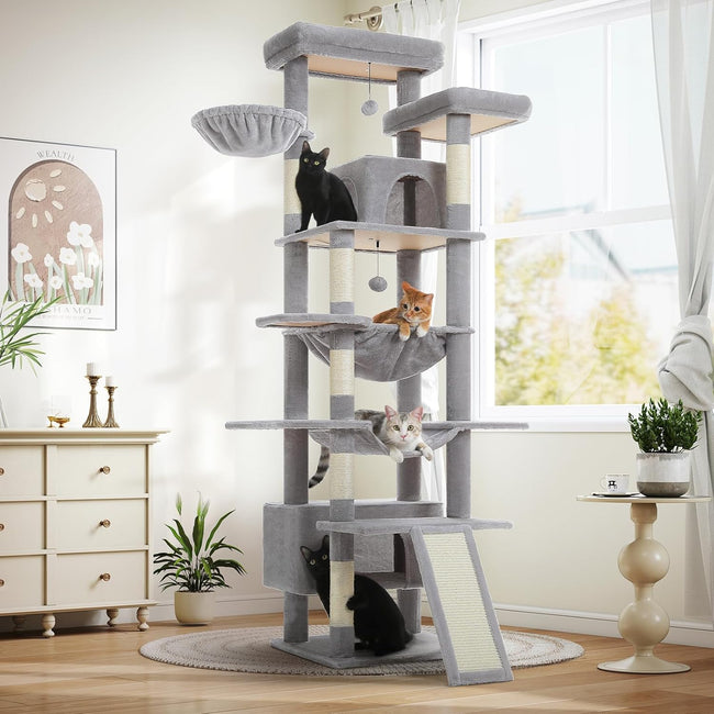 Modern cat tree with scratching ramp, sisal posts, and hanging toys for active indoor cats