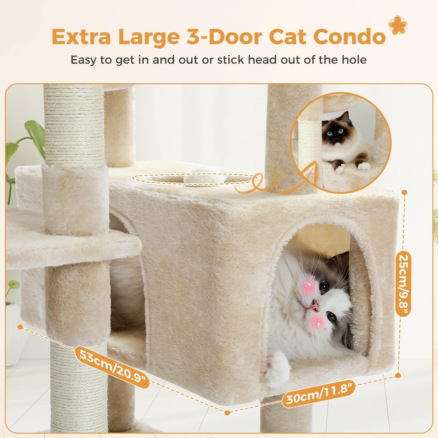 183cm Multi-Level Flower Cat Tree Large Cat Tower with Steel Frame Hammock and 7 Scratching Posts - Beige