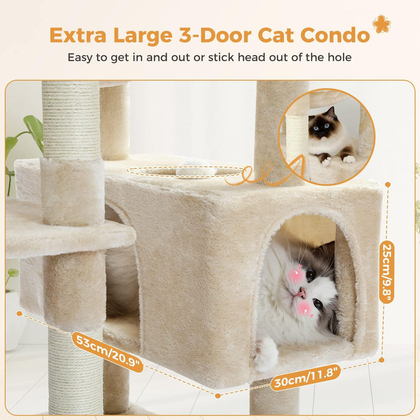 Extra Large 3-Door Cat Condo with measurements and a cat inside